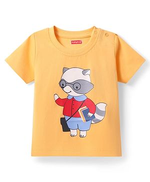 Babyhug Cotton Knit Half Sleeves T-Shirt With Raccoon Print - Yellow