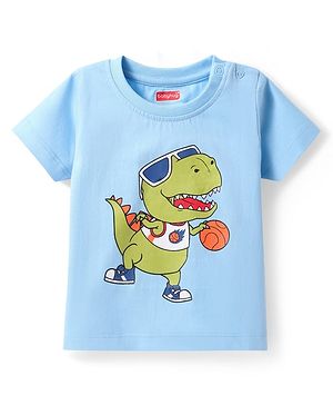 Babyhug Cotton Knit Half Sleeves T-Shirt With Dino Print - Light Blue