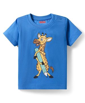 Babyhug Cotton Knit Half Sleeves T-Shirt With Giraffe Print - Blue