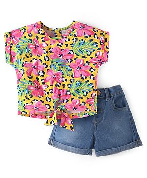 Babyhug Single Jersey Knit Half Sleeves Floral Printed Top & Solid Denim Shorts Set - Yellow & Blue