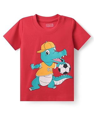 Babyhug Cotton Knit Half Sleeves T-Shirt With Crocodile Print - Red