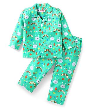 Babyhug Cotton Woven Full Sleeves Night Suit With Bunny Print - Light Green