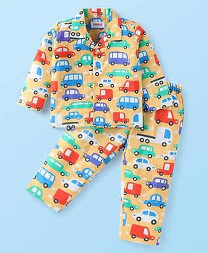 Babyhug Cotton Woven Full Sleeves Front Open Night Suit with Vehicle Print - Yellow