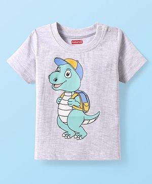 Babyhug Cotton Knit Half Sleeves T-Shirt With Dino Print - Light Grey