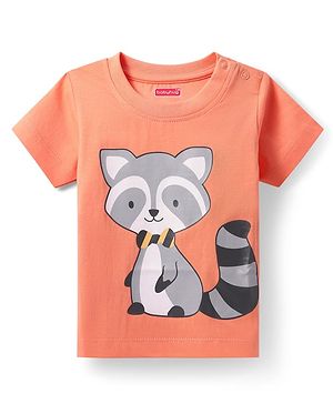Babyhug Cotton Knit Half Sleeves T-Shirt With Raccoon Print - Light Orange