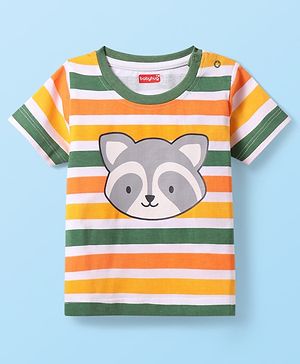 Babyhug Cotton Knit Half Sleeves Striped T-Shirt With Raccoon Print - Multicolor