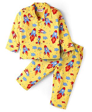 Babyhug Cotton Knit Full Sleeves Front Open Night Suit with Rocket Print - Yellow
