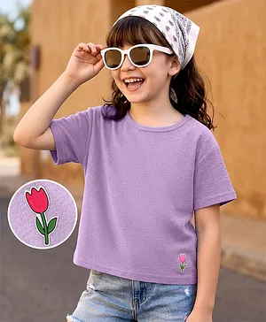 Kookie Kids Cotton Knit Half Sleeves
                              Oversized T-Shirt with Floral Patch -
                              Lilac