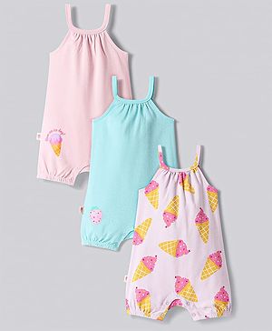 Bonfino 100% Cotton Knit Singlet Sleeves Rompers with Ice Cream Print Pack of 3 - Pink Blue & Lavender