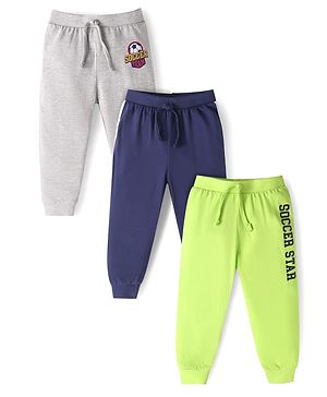 Babyhug Single Jersey Full Length Track Pants with Soccer Star Print Pack of 3 - Navy Blue Grey & Neon Green