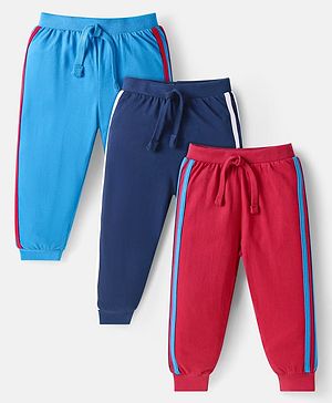 Babyhug Single Jersey Knit Full Length Solid Track Pants with Tape Detailing Pack of 3 - Light Blue Navy Blue & Red