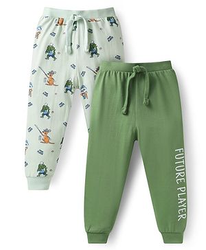 Babyhug Single Jersey Knit Full Length Lounge Pants with Animal & Text Print Pack of 2 - Green & Light Green
