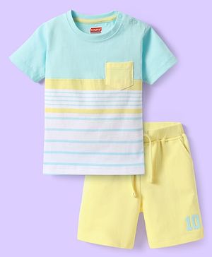 Babyhug Single Jersey Knit Half Sleeves T-Shirt & Shorts Set With Color Block Design - Light Blue & Lemon Yellow