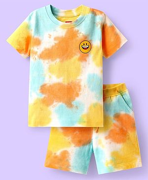 Babyhug Single Jersey Knit Half Sleeves T-Shirt & Shorts Set with Tie Dye &  Smiley Print - Yellow & Orange