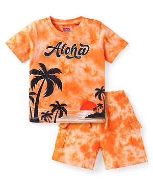 Babyhug Single Jersey Knit Half Sleeves T-Shirt & Shorts Set with Beach Theme Print - Orange