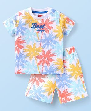 Babyhug Single Jersey Knit Half Sleeves T-Shirt & Shorts Set With Tree Print - White