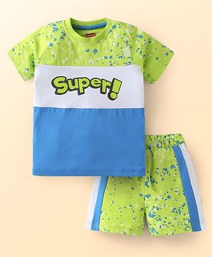 Babyhug Single Jersey Knit Half Sleeves Cut & Sew T-Shirt & Shorts Set with Text Print - Light Green