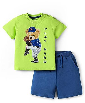 Babyhug Single Jersey Knit Half Sleeves T-Shirt & Shorts Set With Teddy Bear Print - Lime Green & Blue