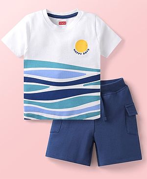 Babyhug Single Jersey Knit Half Sleeves T-Shirt & Shorts Set with Happy Days Print - White & Navy Blue