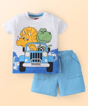 Babyhug Single Jersey Knit Half Sleeves T-Shirt & Shorts Set with Animal Print - White & Light Blue