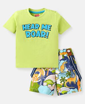 Babyhug Knitted Half Sleeves T-shirt & Dino Printed Shorts Set With Suspender - Light Green