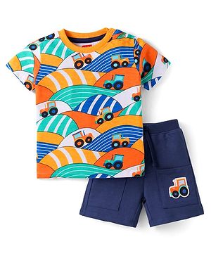 Babyhug Single Jersey Knit Half Sleeves T-Shirt & Shorts Set with Tractor Print - Navy Blue