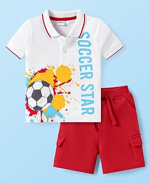 Babyhug Single Jersey Knit Half Sleeves Collar T-Shirt & Shorts Set With Soccer Star Text Print - Red & White