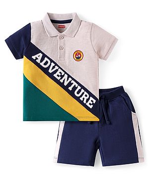 Babyhug Single Jersey Knit Half Sleeves Polo T-Shirt & Shorts Set With Adventure Print - Multicolor & Navy Blue