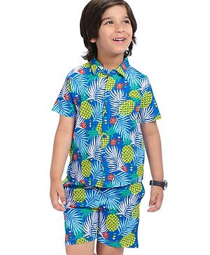 Babyhug Single Jersey Knit Half Sleeves Tropical Theme Printed Shirt & Shorts - Blue