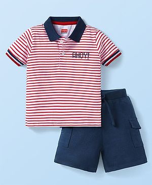 Babyhug Single Jersey Knit Half Sleeves Polo T-Shirt & Shorts Set with Stripes - Navy Blue & Red