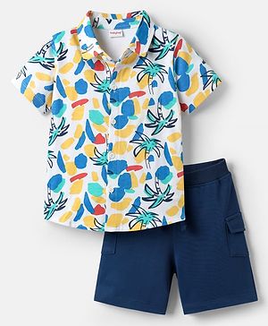 Babyhug Single Jersey Knit Half Sleeves Shirt & Shorts Set with Beach Theme Print - Navy Blue