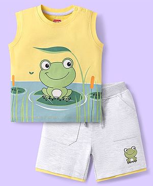 Babyhug Single Jersey Knit Sleeveless Tank T-Shirt & Shorts Set With Frog Print - Yellow & White