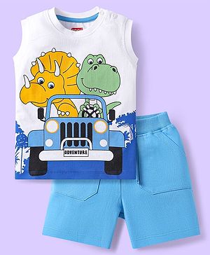 Babyhug Single Jersey Knit Sleeveless Tank T-Shirt & Shorts Set With Dino Print - White & Blue