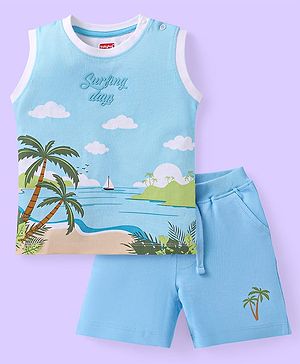 Babyhug Single Jersey Knit Sleeveless Tank T-Shirt & Shorts Set with Beach Theme Print - Light Blue
