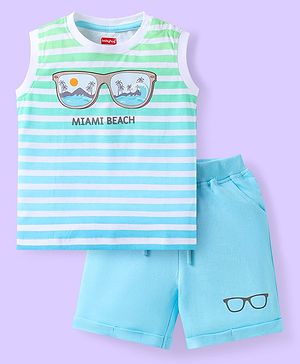 Babyhug Single Jersey Knit Sleeveless T-Shirt & Shorts Set with Beach Theme Print & Stripes - Light Blue