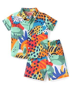 Babyhug Single Jersey Knit Half Sleeves Shirt & Shorts Set With Tropical Theme Print - Green