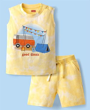 Babyhug Single Jersey Knit Sleeveless Tie & Dye T-Shirt & Shorts Set with Camping Print - Yellow
