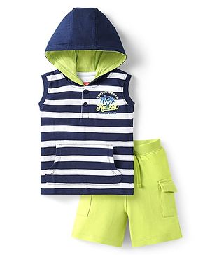 Babyhug Single Jersey Knit Sleeveless Hooded Striped Tank T-Shirt & Shorts Set With Beach Theme Print - Navy Blue & Lime Green
