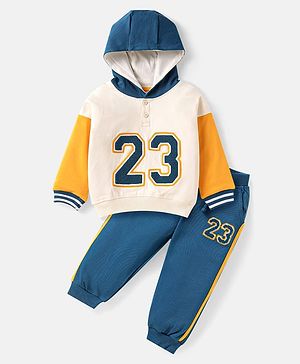 Babyhug Terry Knit  Full Sleeves Hooded T-Shirt & Lounge Pants With Sport Theme Embroidery & Print - White & Blue