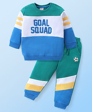 Babyhug Terry Knit Full Sleeves T-Shirt & Lounge Pant Set With Cut & Sew Design & Text Embroidery - White Blue & Green