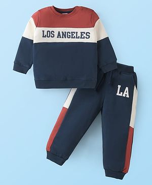 Babyhug Terry Knit Full Sleeves Cut & Sew T-Shirt & Lounge Pant Set with Text Print - Navy Blue