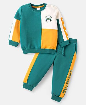 Babyhug Terry Knit Full Sleeves T-Shirt & Lounge Pant Set With Cut & Sew Design & Car Print - Teal Blue White & Yellow