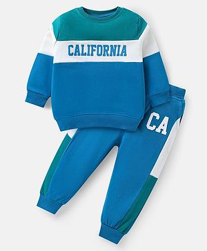 Babyhug Terry Knit Full Sleeves T-Shirt & Lounge Pant Set With Cut & Sew Design & California Print - Blue