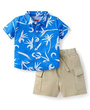 Babyhug Single Jersey Knit Half Sleeves Shirt & Shorts Set With Floral Print - Blue & Beige