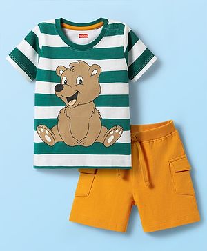 Babyhug Single Jersey Knit Half Sleeves Striped T-Shirt & Shorts Set With Teddy Bear Print - Green & Yellow