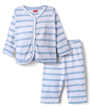 Babyhug Single Jersey Knit Full Sleeves Striped Co-ords Front Open T-Shirt & Lounge Pant Set - White