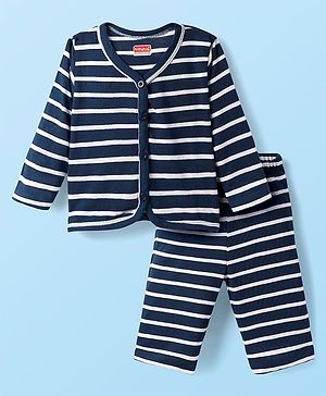 Babyhug Single Jersey Knit Full Sleeves Co-ords T-Shirt & Lounge Pant Set With Stripes - Navy Blue