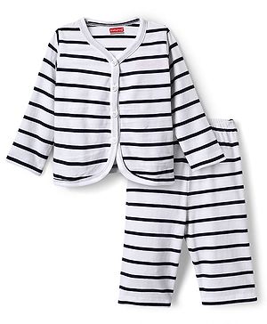 Babyhug Single Jersey Knit Full Sleeves Co-ords T-Shirt & Lounge Pant Set With Stripe - White