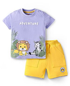 Babyhug Single Jersey Knit Half Sleeves T-Shirt & Shorts Set With Animal Print - Lavender & Yellow