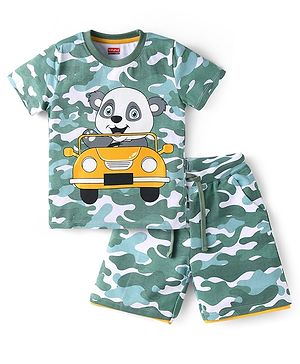 Babyhug Single Jersey Knit Half Sleeves T-Shirt & Shorts Set with Panda Print - Dark Green